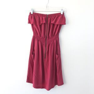 Haven Silk Ruffle Bandeau Strapless Midi Dress In Raspberry